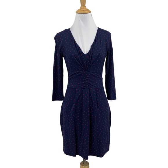 Boden Dress Womens 4 Navy Red Polka Dot Ruched Front 3/4 Sleeve Stretch Mini - Picture 1 of 12